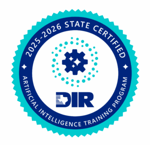 A blue and teal circular badge reads 2025-2026 State Certified Artificial Intelligence Training Program with a gear icon in the center and DIR logo below it.